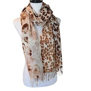 Leopard Print Fringe Scarf Wrap Shawl Neutral Tan Brown Animal Print